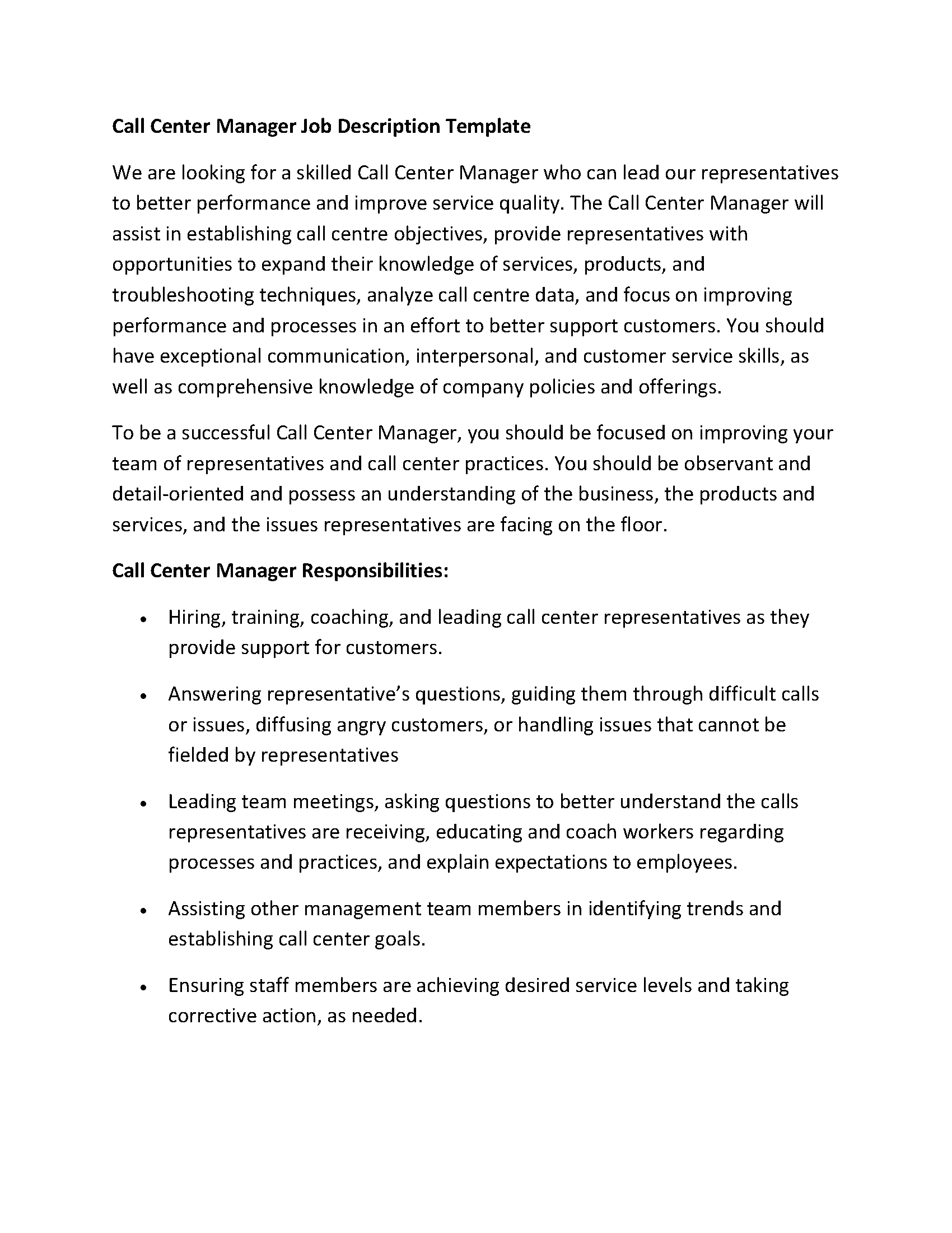 Call Center Manager Job Description Template